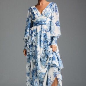 BHLDN 'Blue White Floral Long Sleeve Chiffon Gown'
